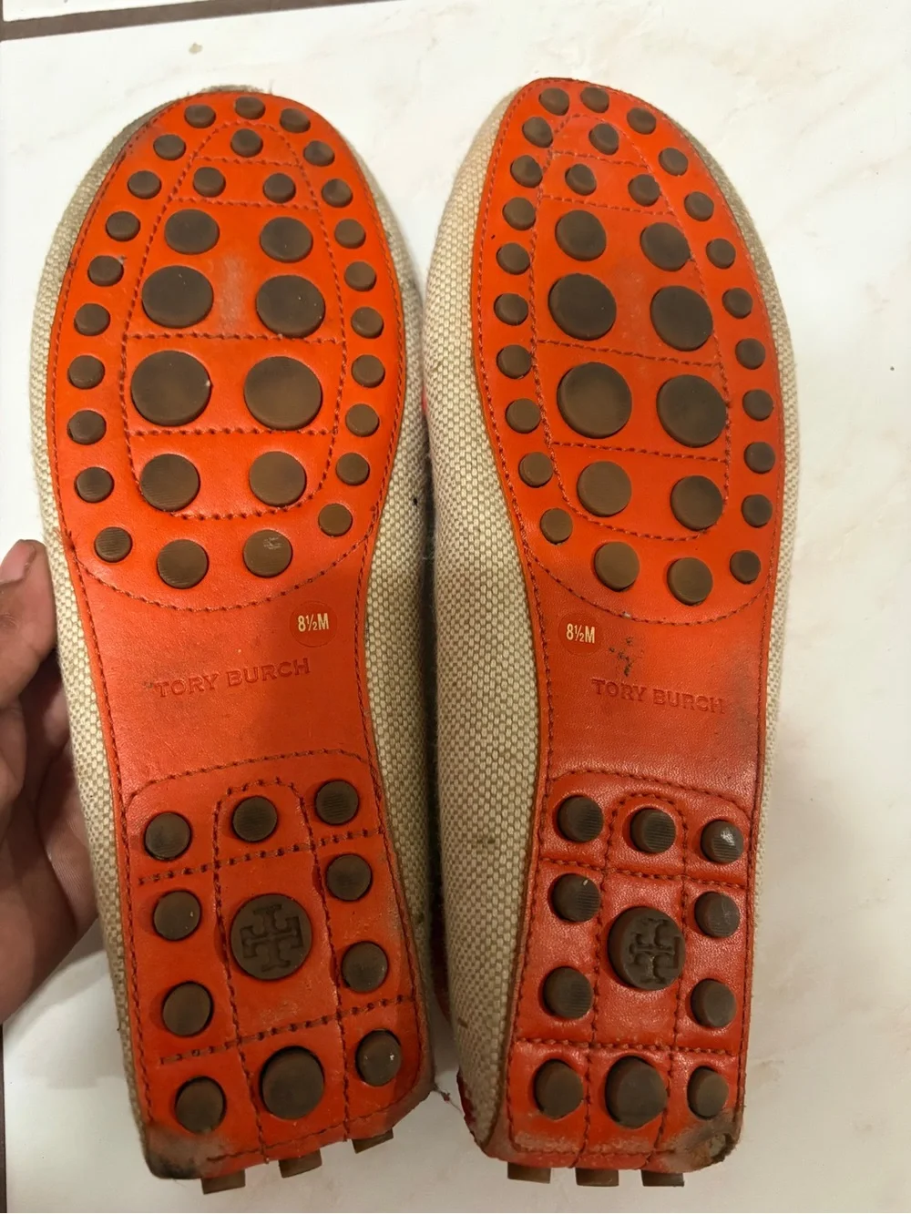 Tory Burch Beige Canvas & Orange Leather Slip-On Loafers